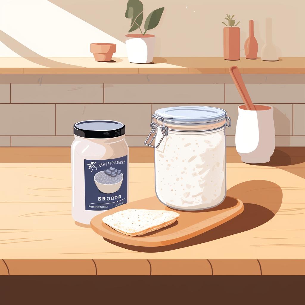 A covered container of sourdough starter resting on a kitchen counter.