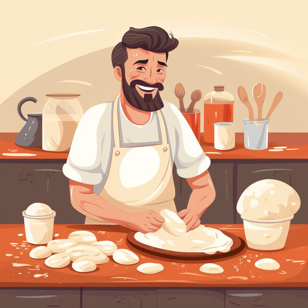 Baker happily kneading dough with various attempts shown in the background