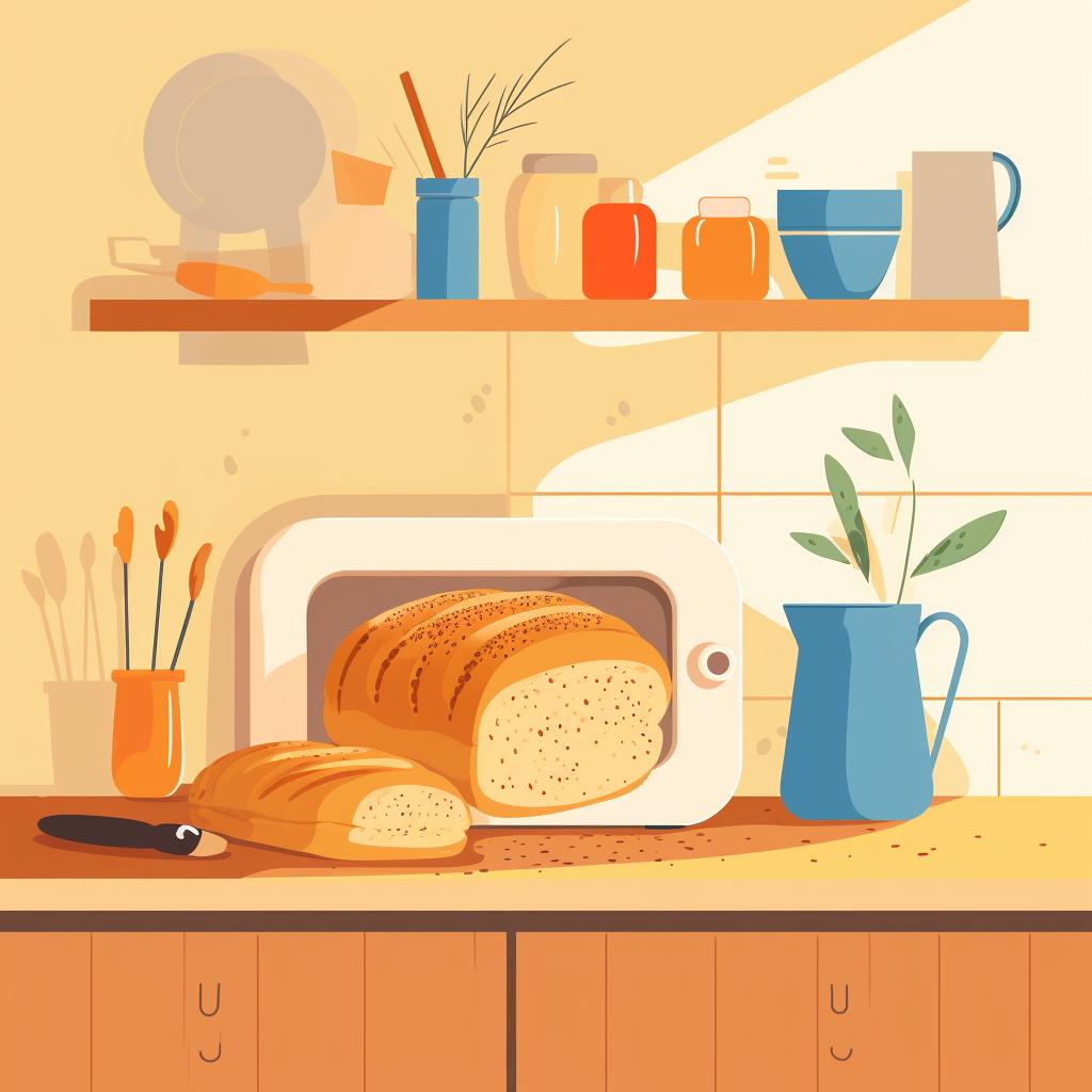 A bread box with a loaf of sourdough bread inside, placed on a kitchen counter.