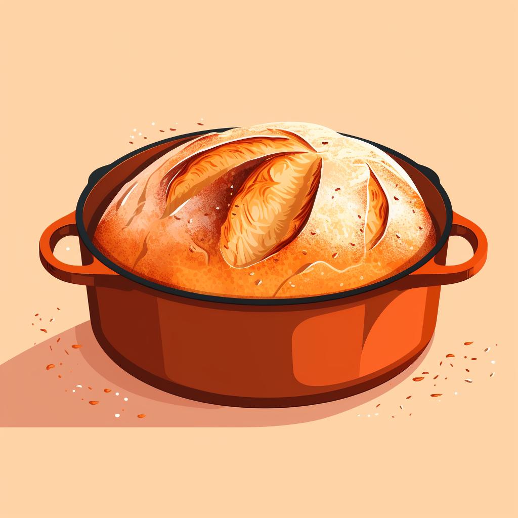 A golden brown loaf of sourdough bread in a Dutch oven